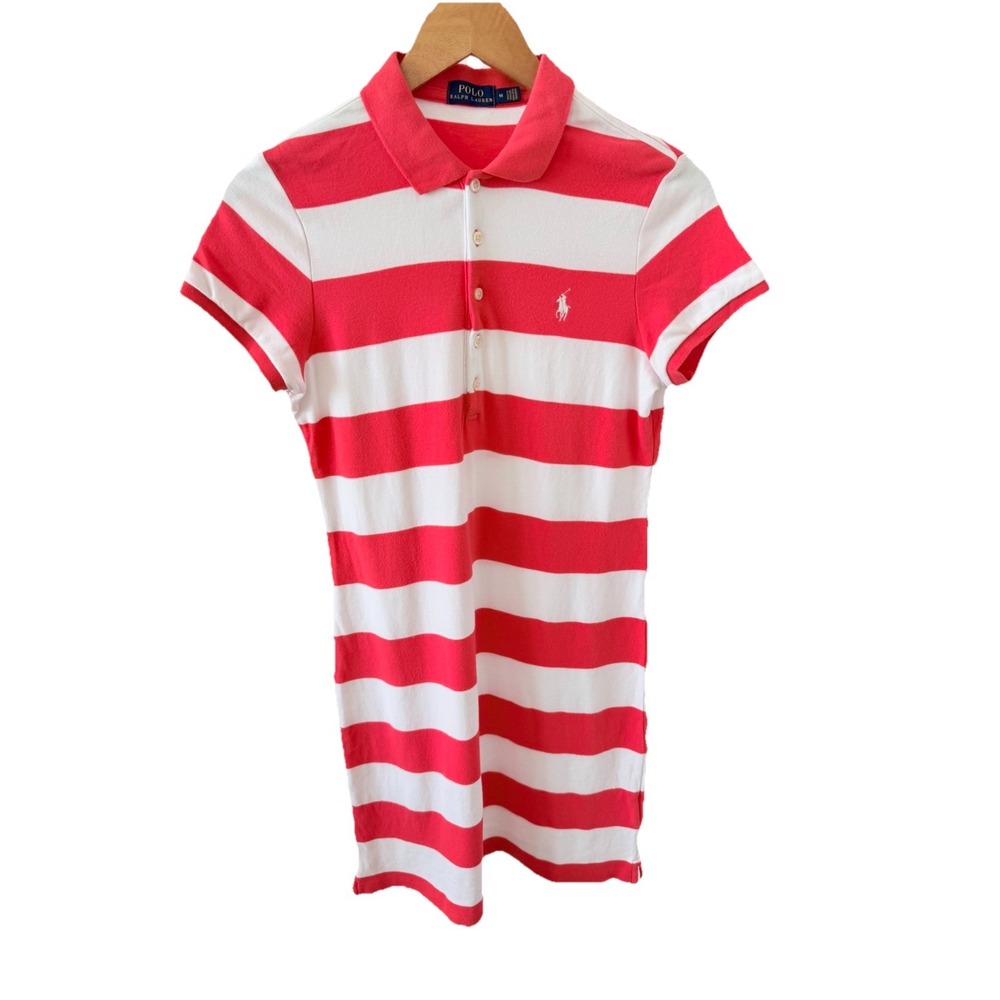 Ralph Lauren Polo Pony Dress White & Coral Striped Logo Retro Preppy Women's M